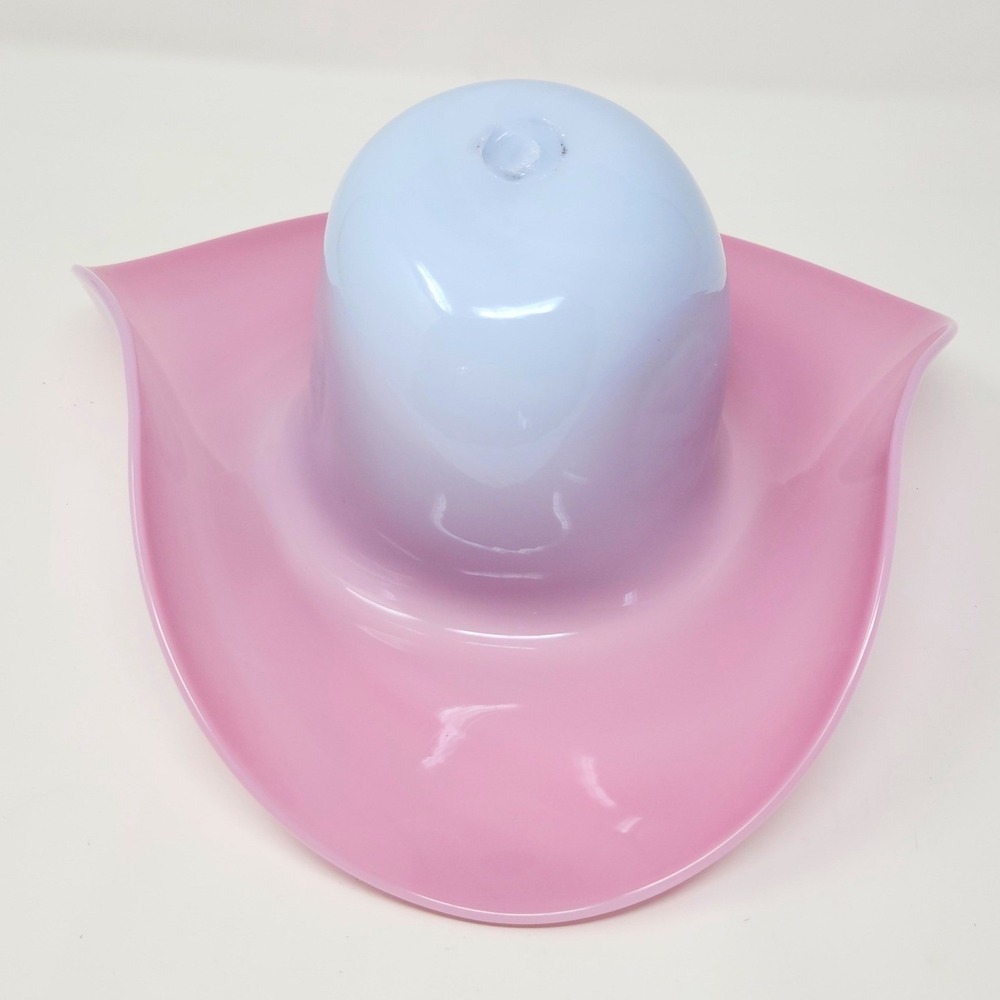 Murano Style Hand Blown Art Glass Cowboy Hat Bowl Blueish-White and Baby Pink